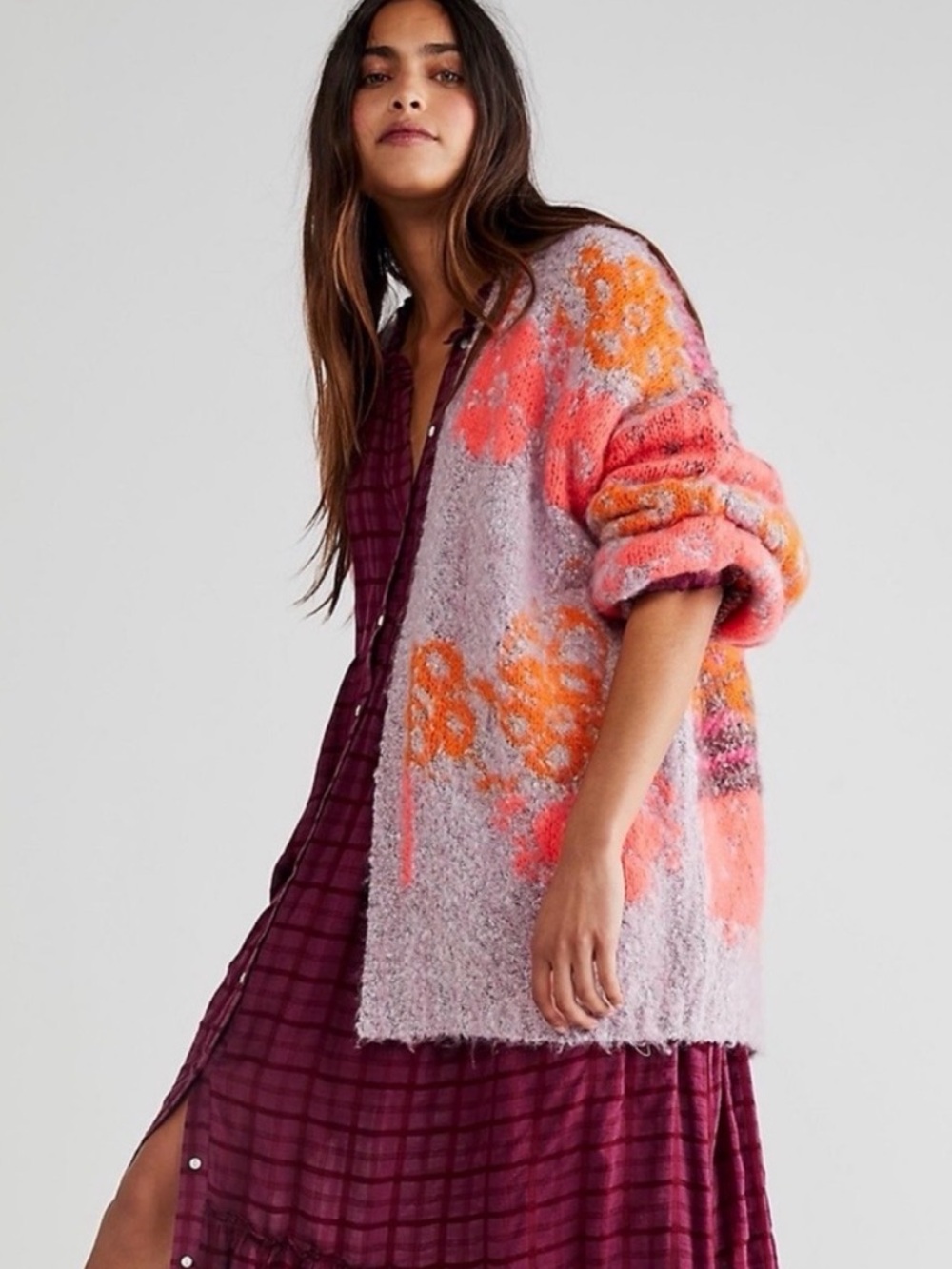 Free People Textured Floral Cardigan in Pink, Lavender & Orange - Picture 5 of 9